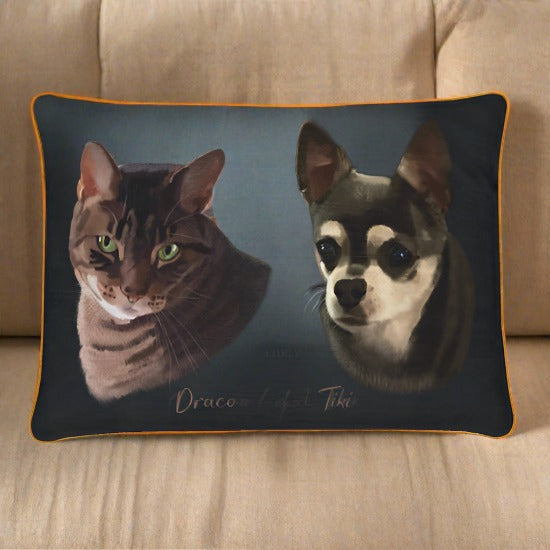 Rectangular cushion with cat and dog portrait