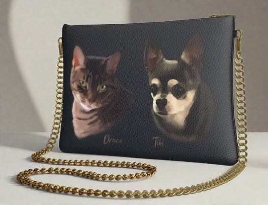 leather bag with gold chain featuring cat and dog portrait