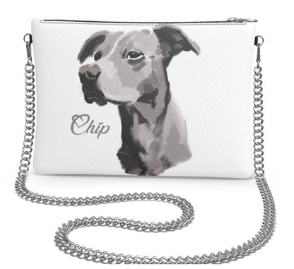 leather bag with silver chain featuring dog portrait